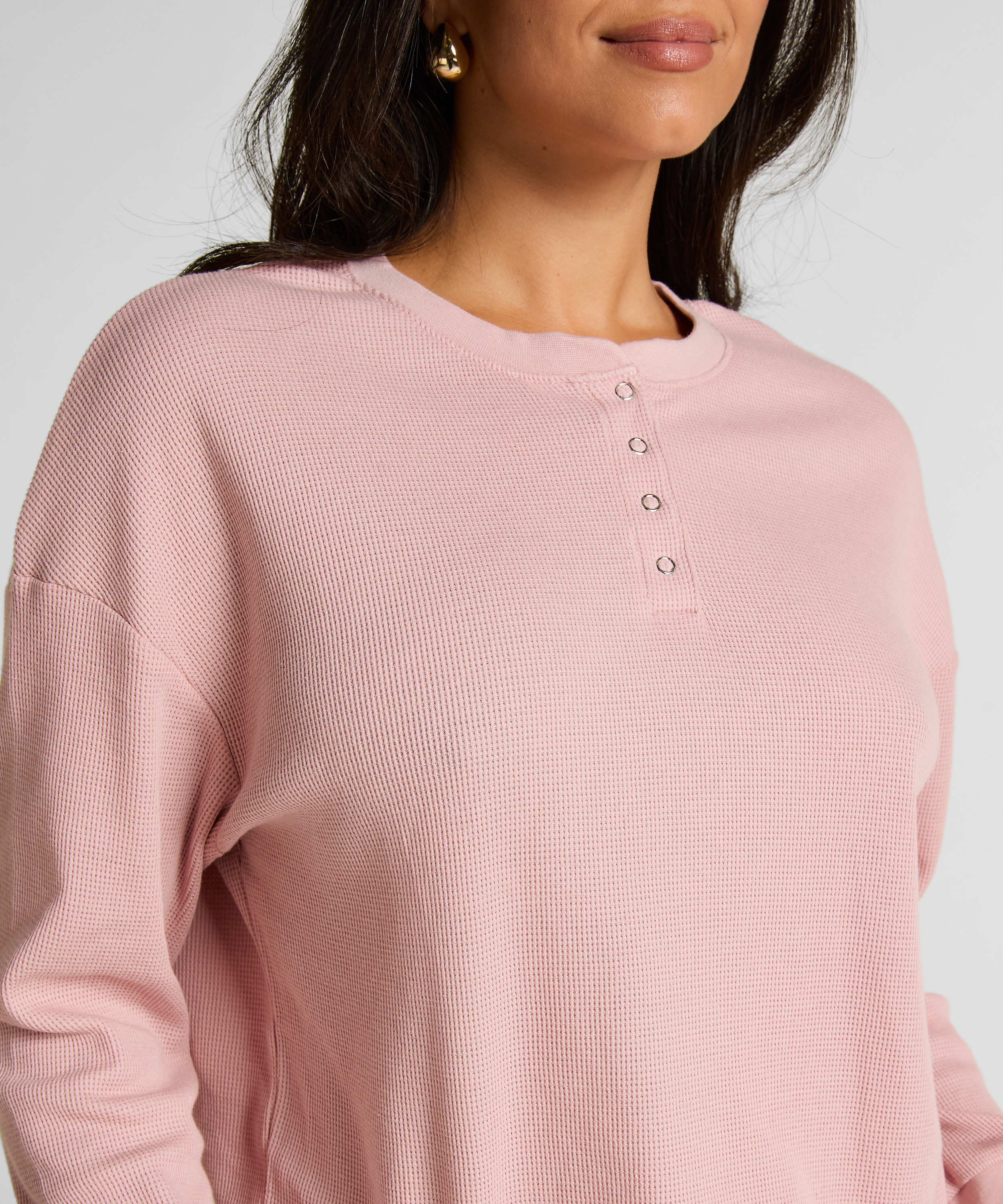 Top z tkaniny wafel Henley, R&oacute;żowy, main