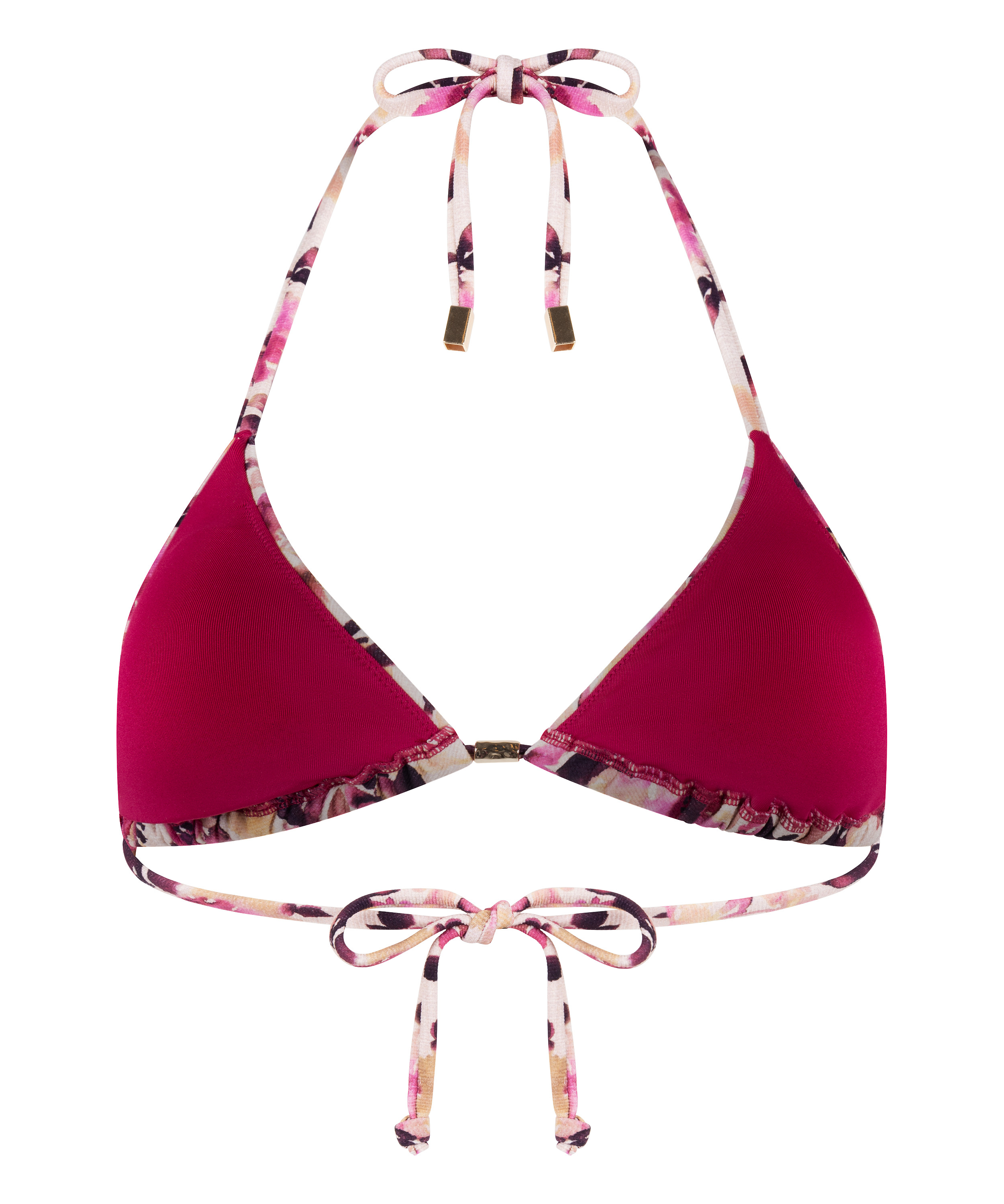 G&oacute;ra Bikini Tr&oacute;jkąt Lagos - Kwiatowy Wz&oacute;r ze Złotymi Detalami, Beżowy, main