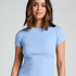 Top piżamowy z prążkowanej tkaniny z krótkimi rękawami i okrągłym dekoltem, Niebieski