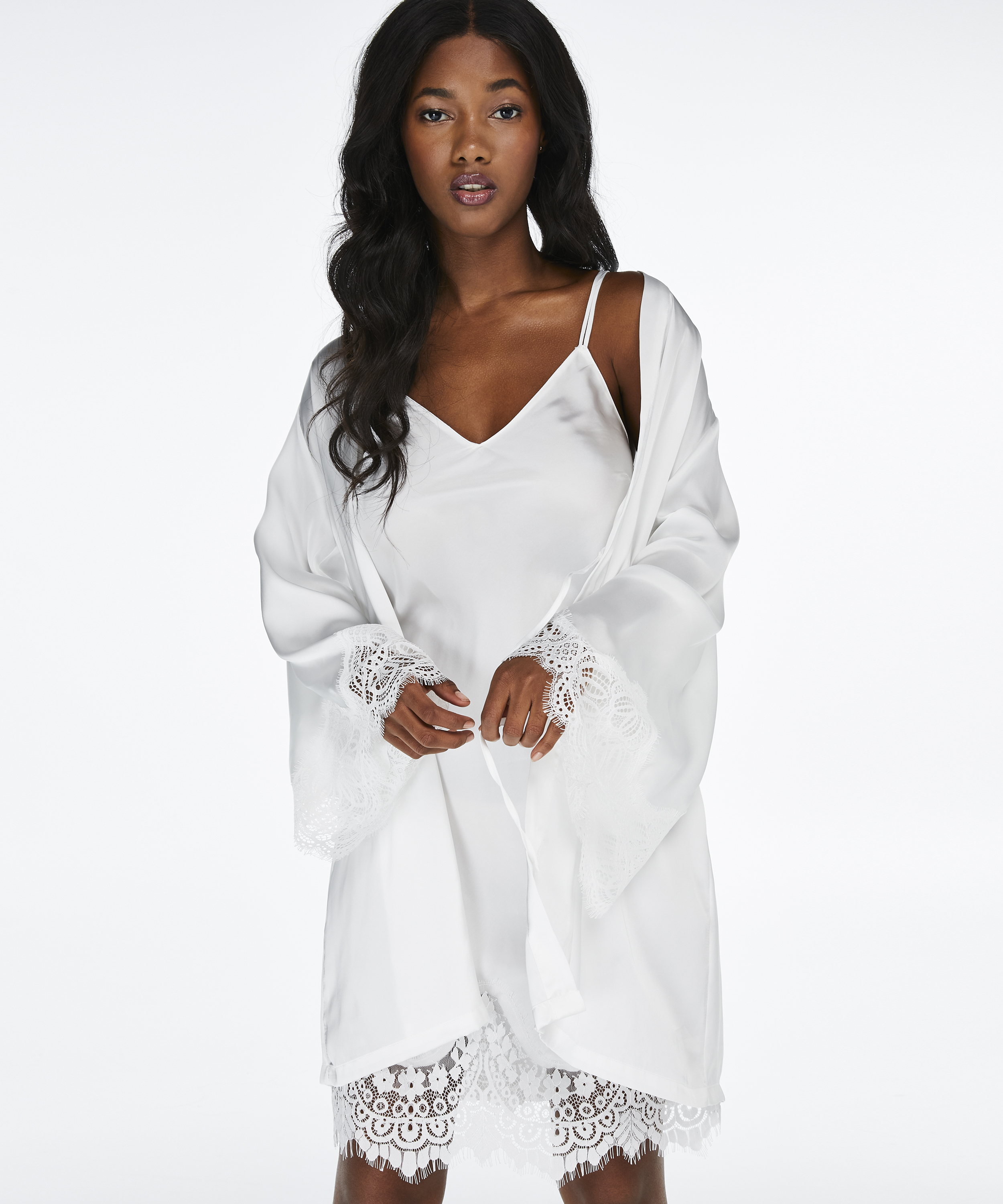 Lace Satin Kimono, Biały, main