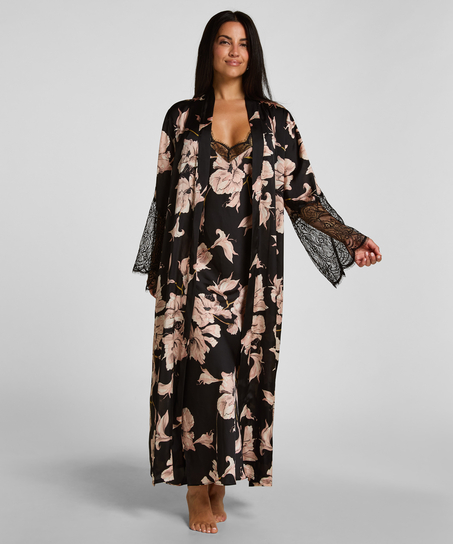 Satynowe długie kimono z koronką, Czarny