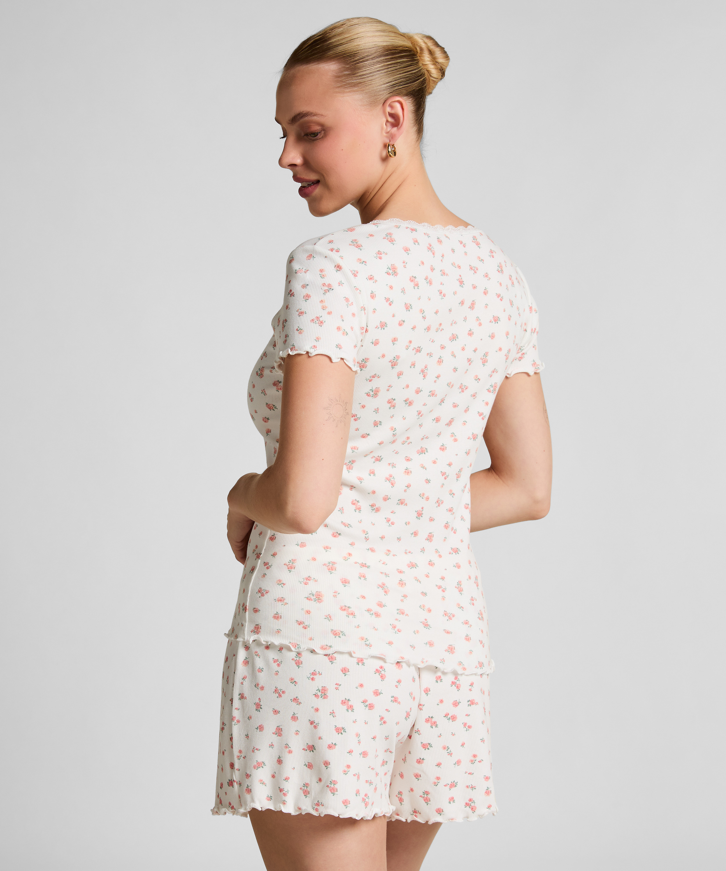 Prążkowany koronkowy top z kr&oacute;tkim rękawem, Biały, main