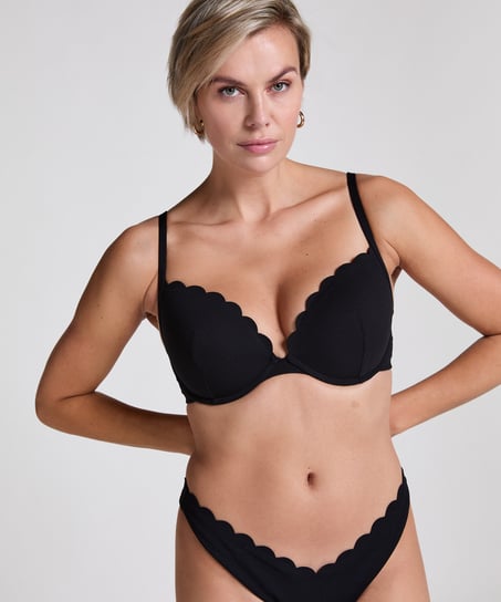 G&oacute;ra od bikini push-up z fiszbinami, z falowanym brzegiem, miseczki A &ndash; E, Czarny