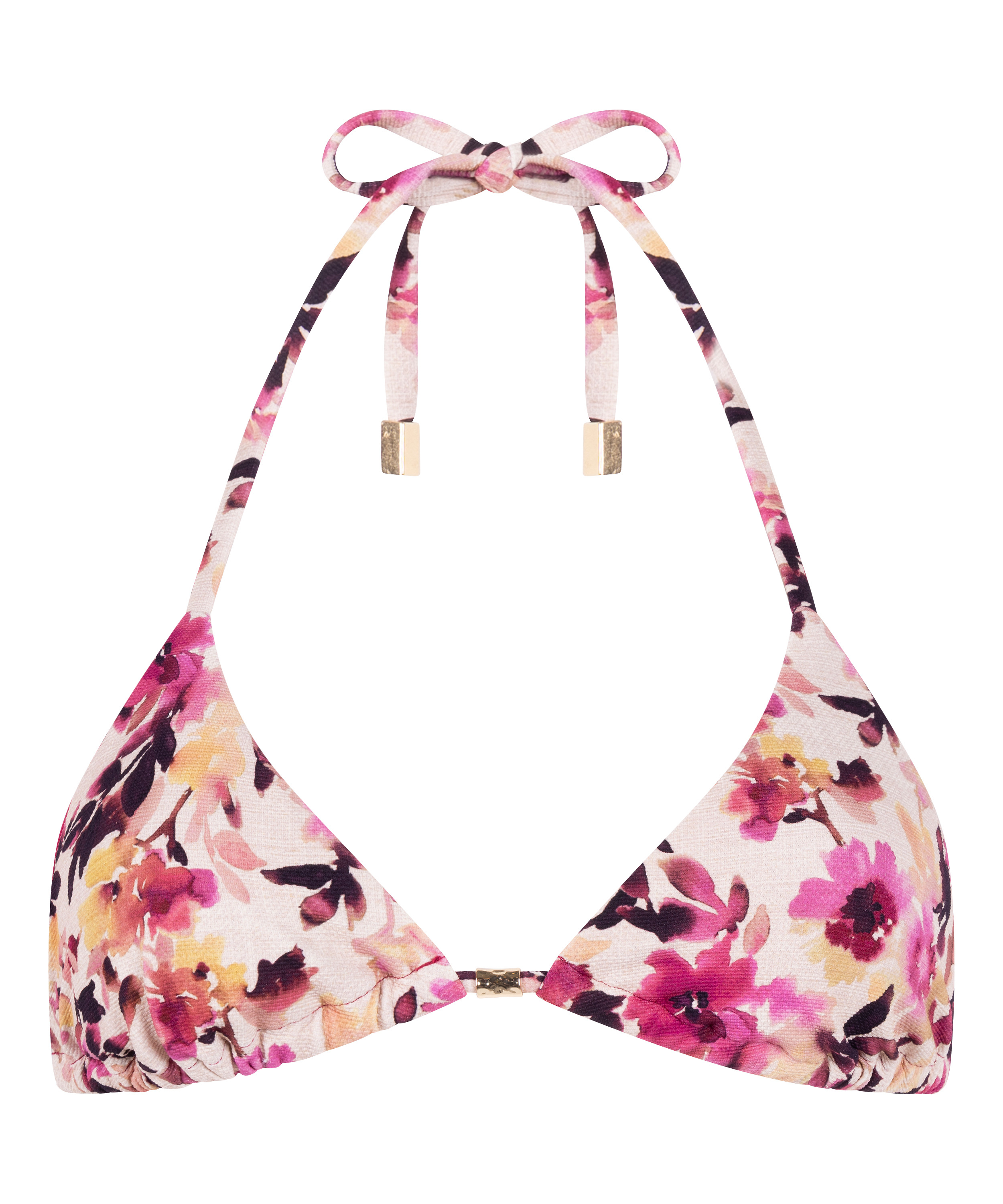 G&oacute;ra Bikini Tr&oacute;jkąt Lagos - Kwiatowy Wz&oacute;r ze Złotymi Detalami, Beżowy, main