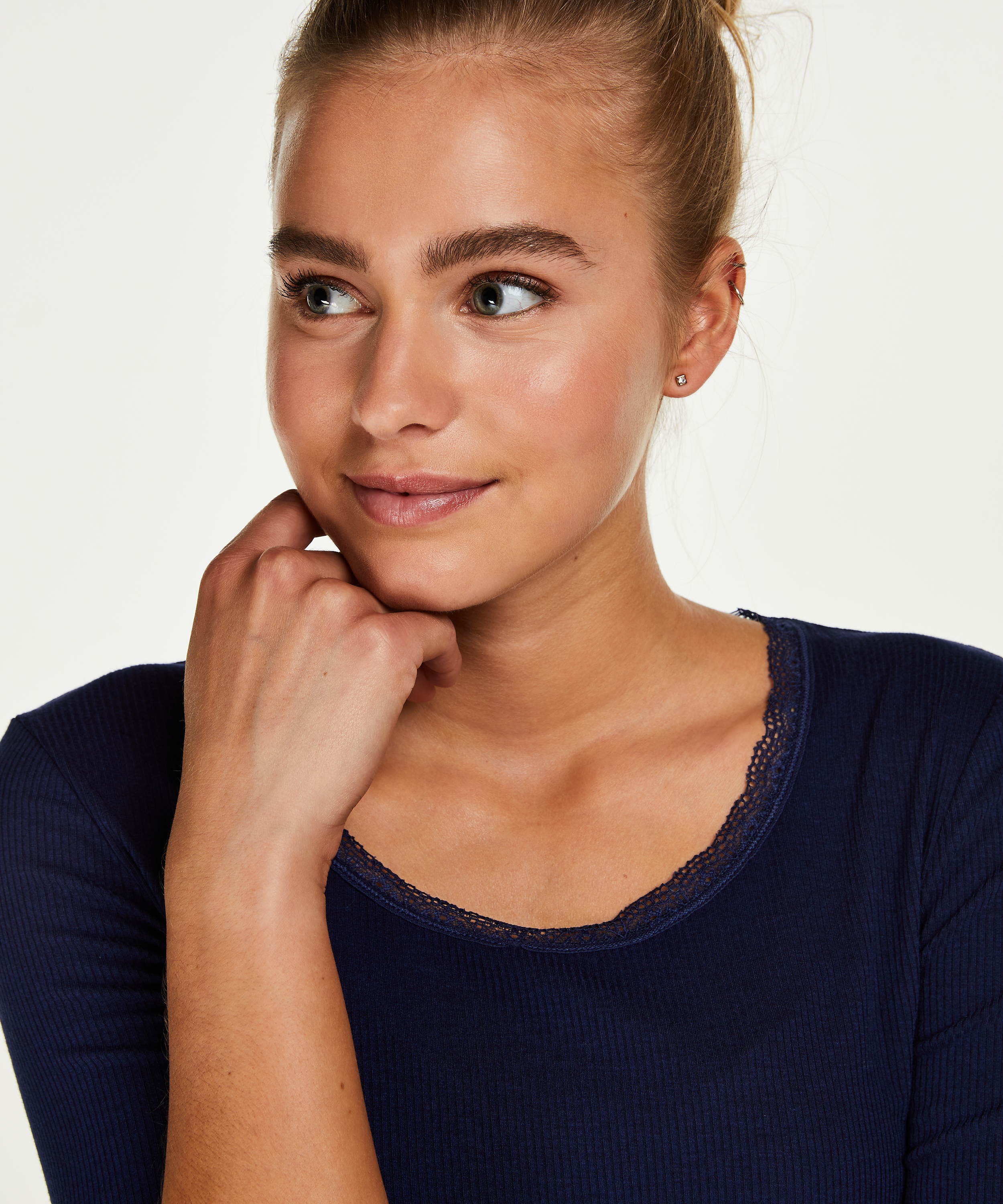 Prążkowany top z długim rękawem i okrągłym dekoltem, Niebieski, main