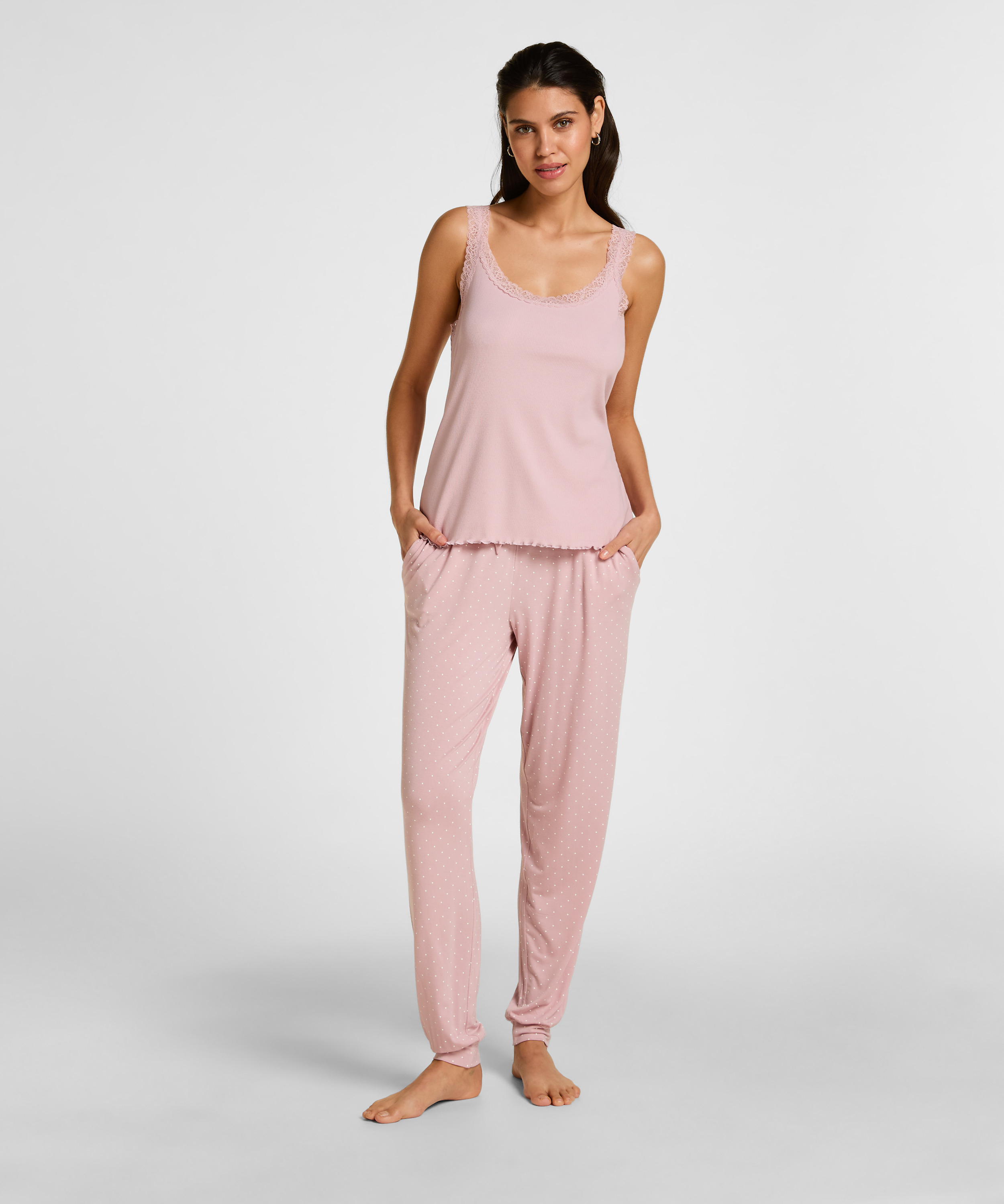 Top z Prążkowanej Dzianiny z Koronką, R&oacute;żowy, main