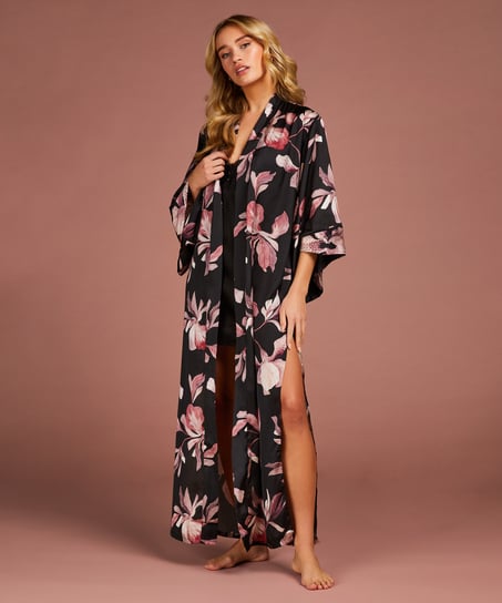 Satynowe kimono Bloom, Czarny
