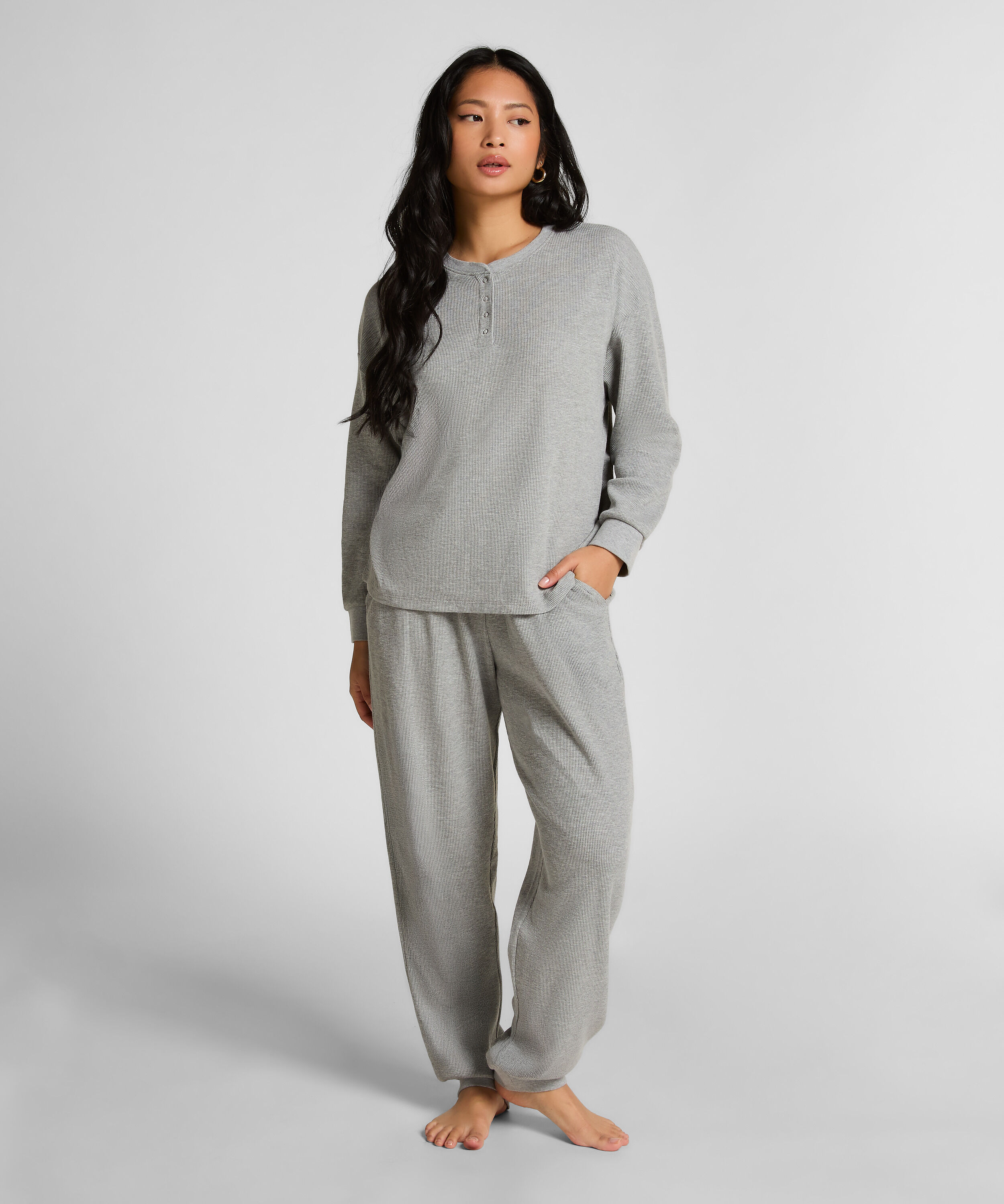 Top z tkaniny wafel Henley, Szary