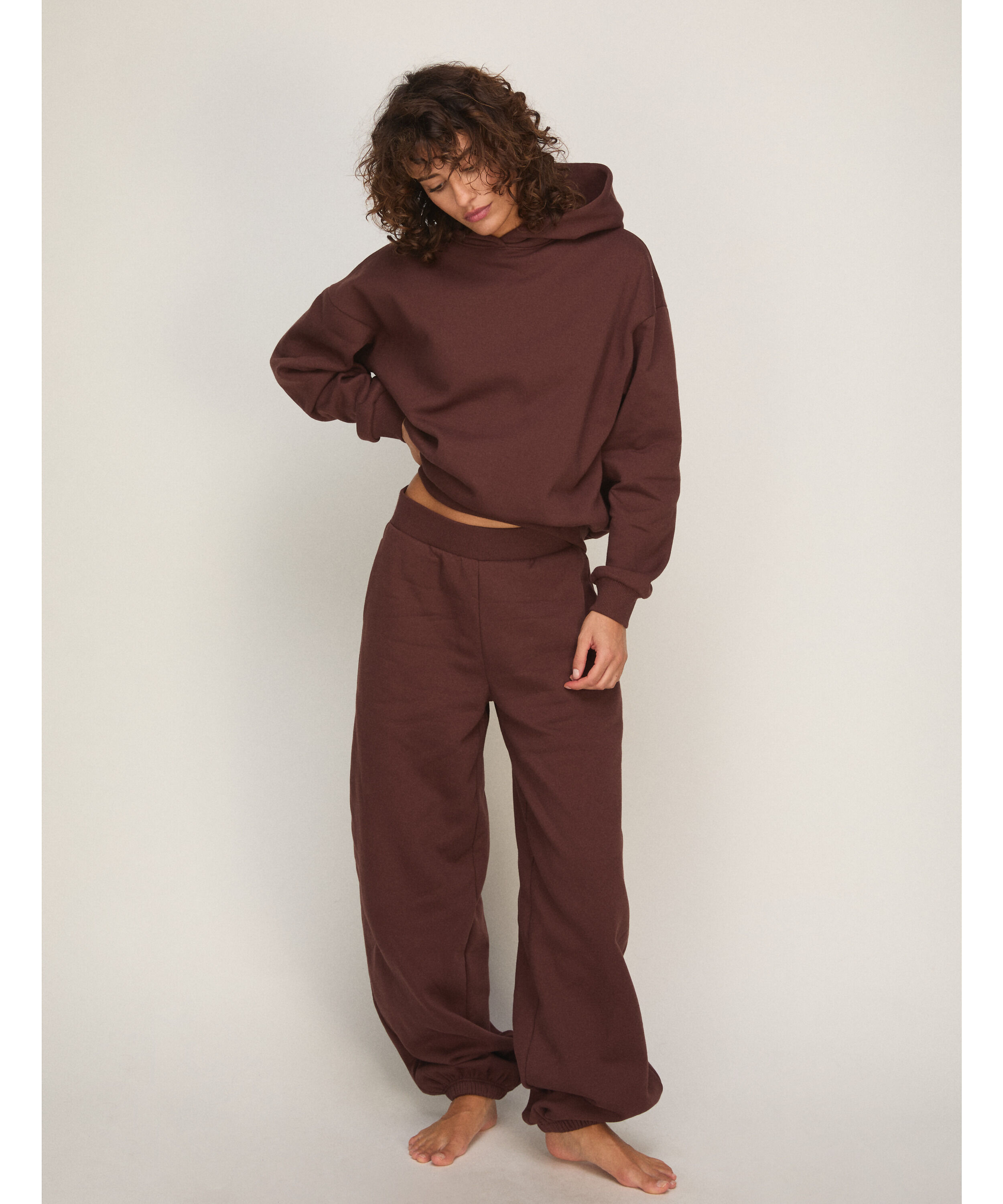Bluza z Kapturem z Czesanej Dzianiny Dresowej, Brązowy