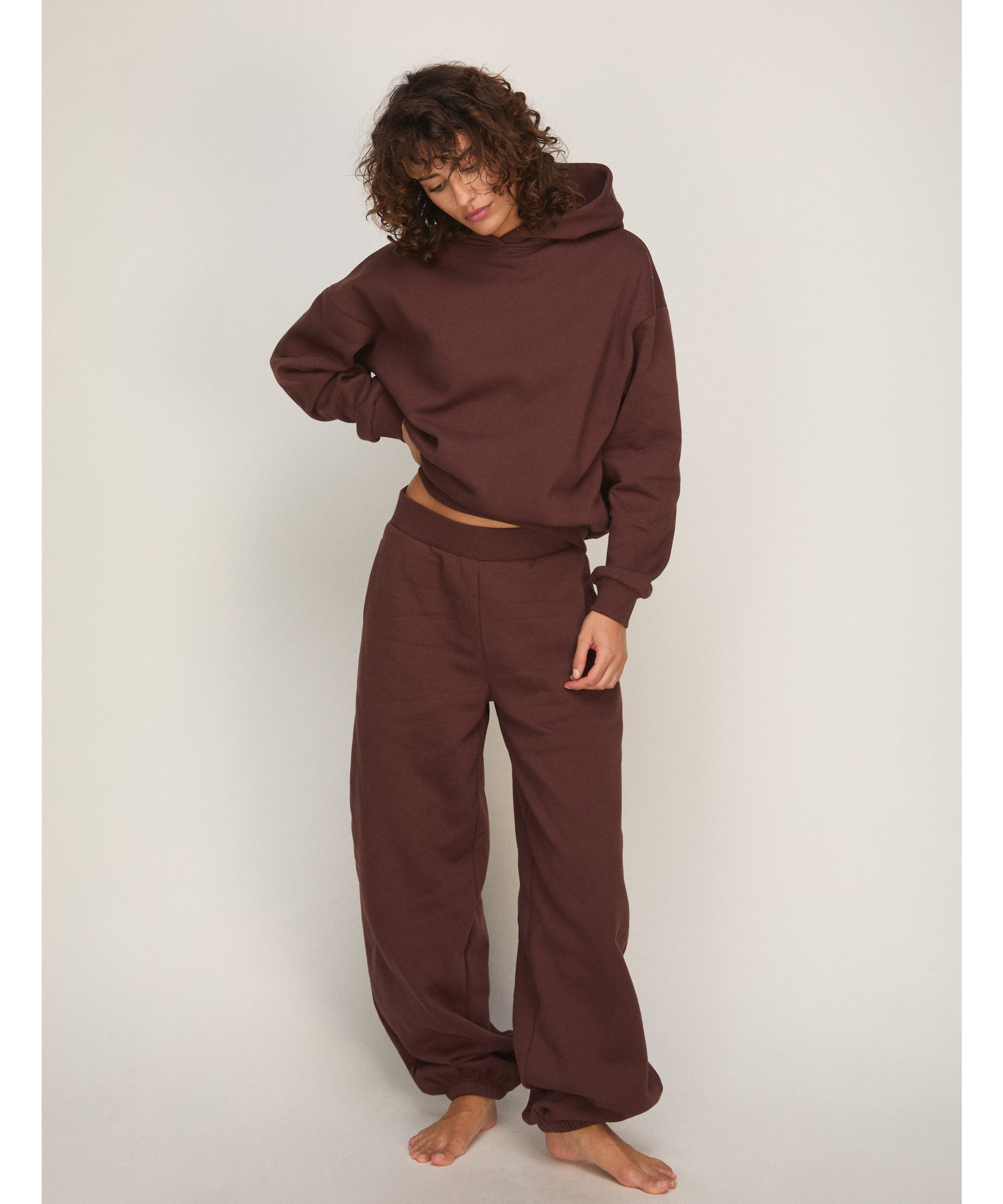 Bluza z Kapturem z Czesanej Dzianiny Dresowej, Brązowy, main