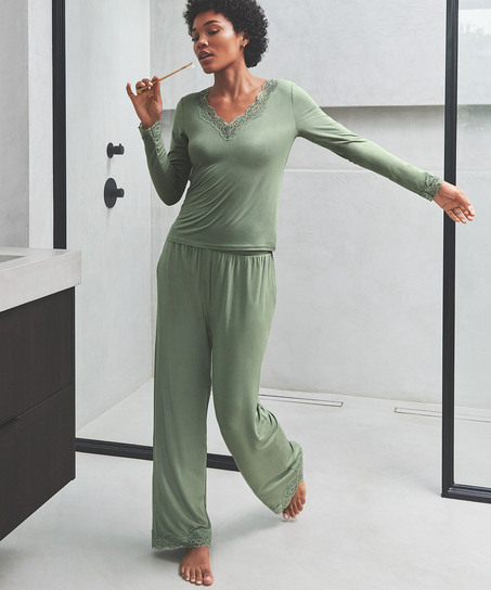 Koronkowa piżama z długim rękawem, Zielony