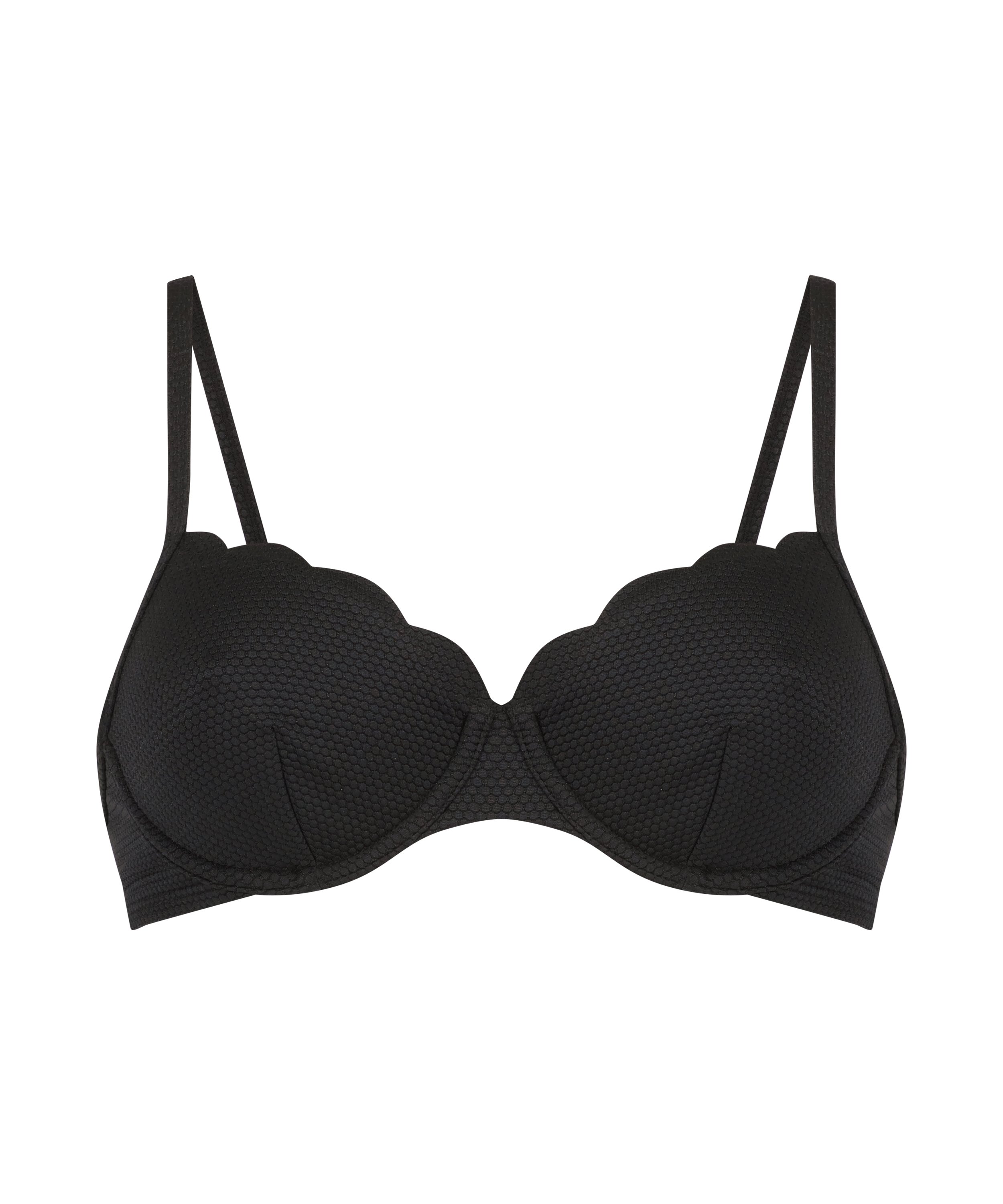 Nieusztywniany stanik bikini z fiszbinami, z falowanym brzegiem, Czarny, main