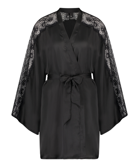 Satynowe kimono z koronką, Czarny