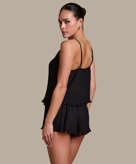 Plisowana koronkowa koszulka na ramiączkach, Czarny