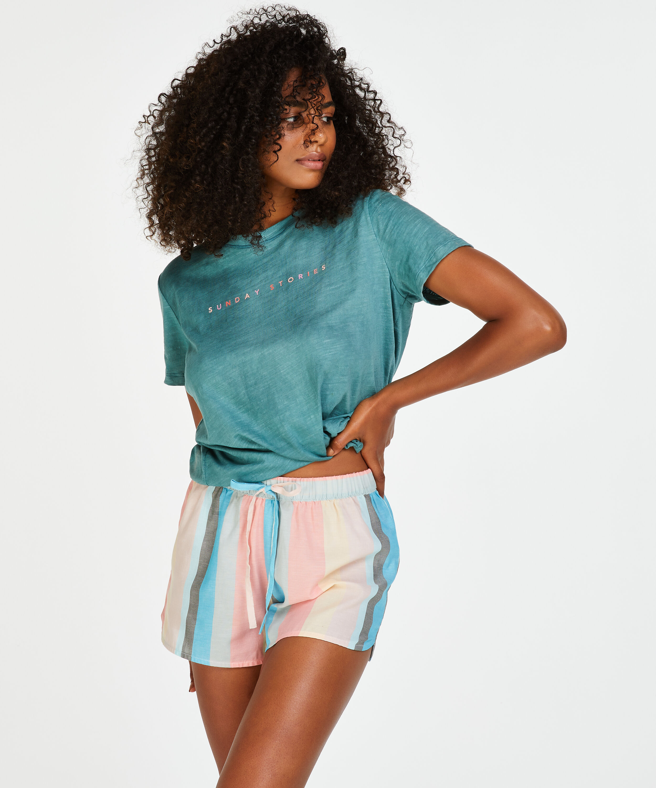 Chambray stripe pyjama shorts, R&oacute;żowy
