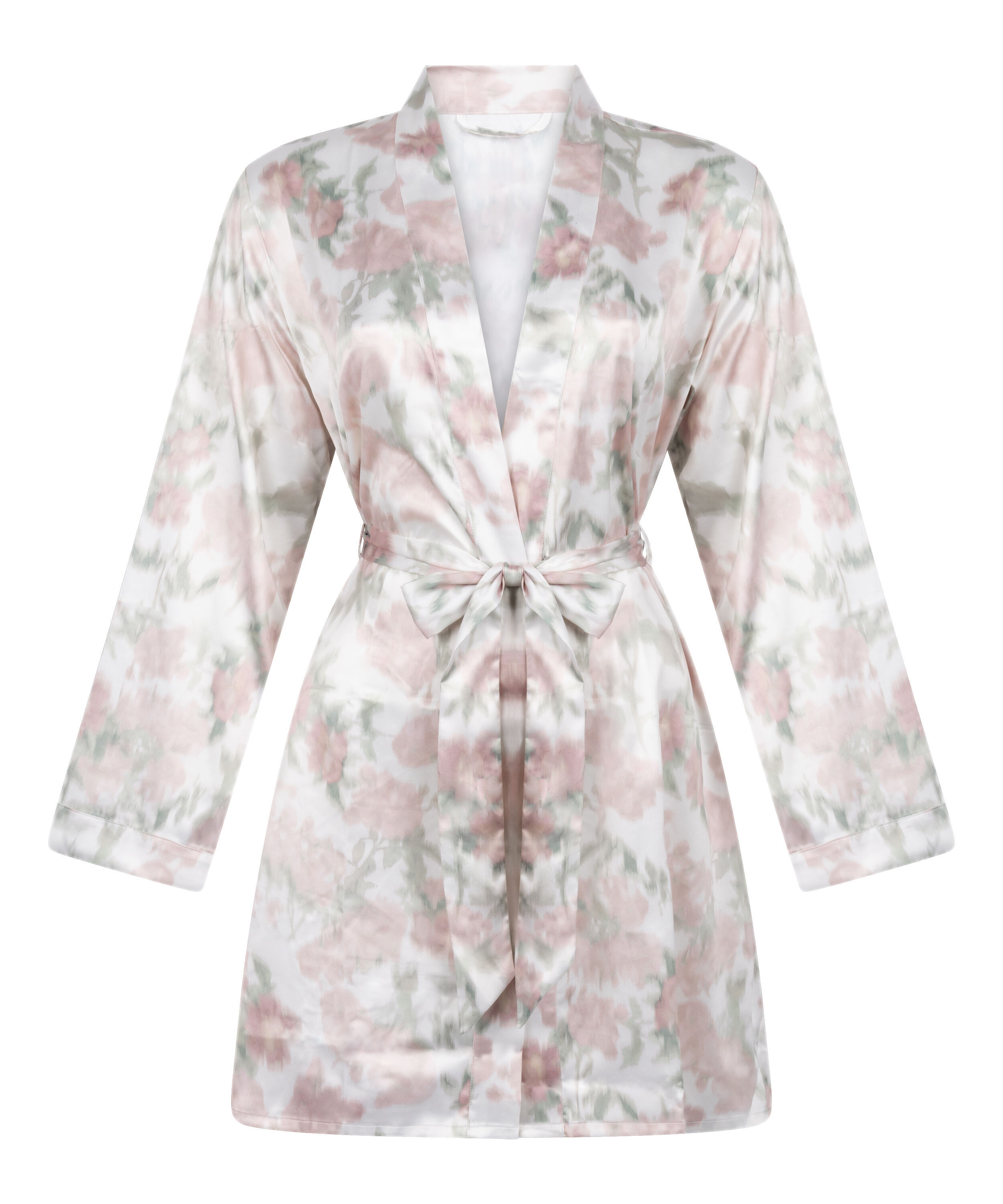 Satynowe Kimono w Kwiatowy Wz&oacute;r, Biały