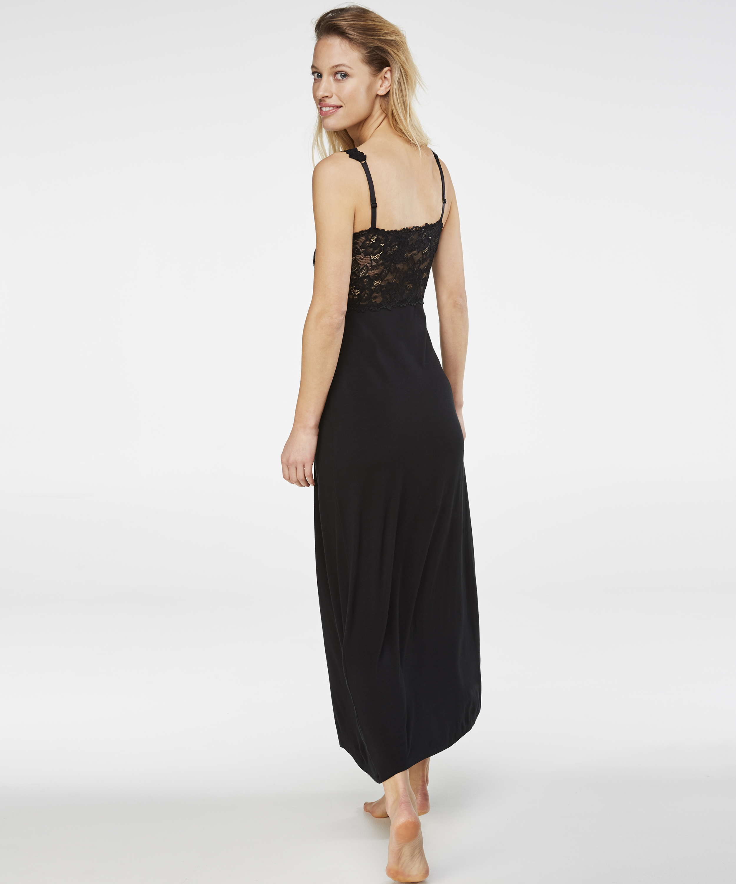 Long slip dress Modal lace, Czarny, main